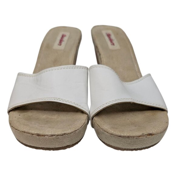 Skechers Cork Wedge Sandals Womens White Leather Slip On Open Toe Size 10 - Picture 9 of 13